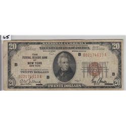 $20 NEW YORK 1929 CURRENCY BROWN SEAL