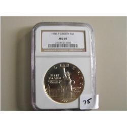 1986 LIBERTY SILVER $1 NGC MS 69