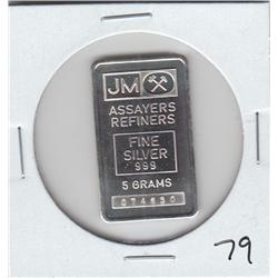 JM SILVER BAR .999 FINE ASSAYERS RARER BAR 5 gr