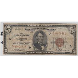 $5 FRBN CLEVELAND OHIO  BROWN SEAL 1929