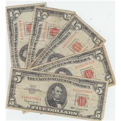 GROUP OF 5 $5 RED SEAL LEGAL TENDER 1963