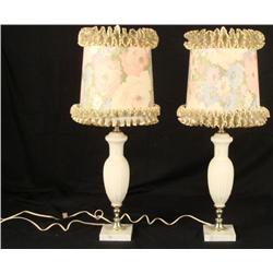 Pair Vintage White Glass Table Lamps w/ Shades