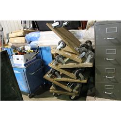LOT OF 4 WHEELED DOLLIES & FILE CABINET