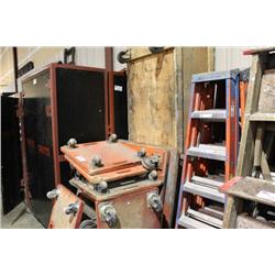 LOT OF 4 WHEELED DOLLIES & WOODEN STORAGE CART