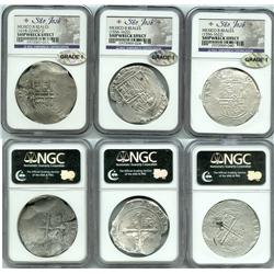 Lot of 3 Mexico City, Mexico, cob 8 reales, Philip II and III, assayer D or not visible, Grade 1.