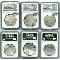 Lot of 3 Mexico City, Mexico, cob 8 reales, Philip II and III, assayer D or not visible, Grade 2.