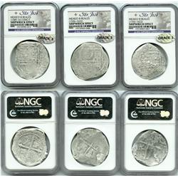 Lot of 3 Mexico City, Mexico, cob 8 reales, Philip II and III, assayer F or not visible, Grade 3.