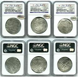 Lot of 3 Mexico City, Mexico, cob 8 reales, Philip II and III, assayer F or not visible, Grade 3.