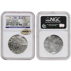 Mexico City, Mexico, cob 4 reales, Philip II, assayer O, Grade 1, housed in promotional wooden prese