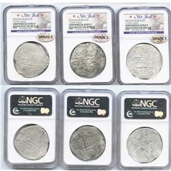 Lot of 3 Potosi, Bolivia, cob 8 reales, Philip III, assayers not visible, Grade 2.