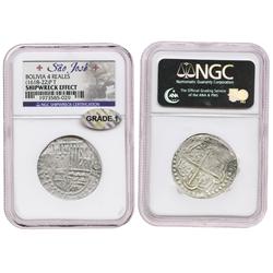 Potosi, Bolivia, cob 4 reales, Philip III, assayer T, choice Grade 1, housed in promotional wooden p