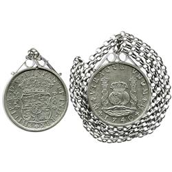 Mexico City, Mexico, pillar 8 reales, Philip V, 1740/30MF, in sterling silver bezel with silver chai