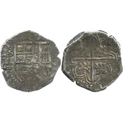 Seville, Spain, cob 2 reales, 1593 date to right, assayer B to left of shield.