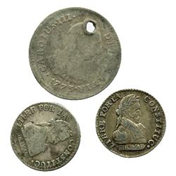 Lot of 3 silver coins: Two Bolivian 1/2 sols, 1830JL, and one Lima, Peru, bust 1 real, Charles III,