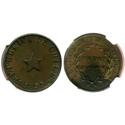 Santiago, Chile, copper 1/2 centavo, 1835, thick flan, encapsulated NGC AU details / stained.