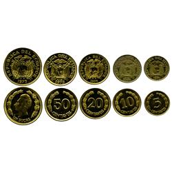 Ecuador, set of 5 brass souvenir patterns (5c, 10c, 20c, 50c and 1 sucre) released in 1977 but dated