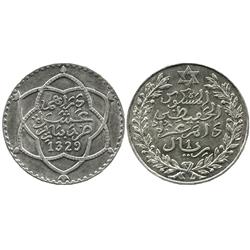 Morocco (bi-Bariz mint),  rial (10 dirhams), 'Abd al-Aziz, 1911 (AH 1329Pa).