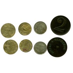 Lot of 4 Venezuelan brass, copper and copper-nickel tokens, late 1800s-early 1900s, various merchant