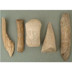 5 Native Hand Carved Elk Bone Faces, Figures