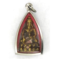 Vintage Thai Bronze Buddha Amulet in Nickel Pendant Case (ANT-1210)