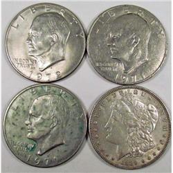 LOT OF 4 US COINS - MORGAN SILVER DOLLAR AND IKE DOLLARS