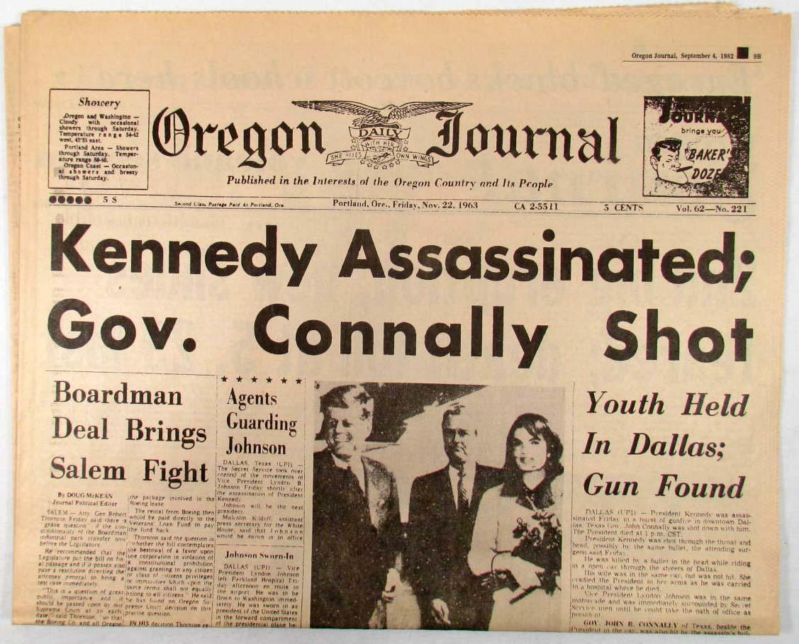 NOV. 22, 1963 "OREGON JOURNAL" NEWSPAPER KENNEDY ASSASSINATED