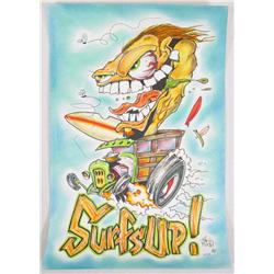 ORIGINAL INK "SURF'S UP" AIRBRUSH PAINTING ON PAPER BY BEN MITCHELL - 11 X 17