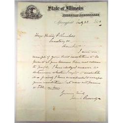 1874 STATE OF ILLINOIS EXECUTIVE DEPT HANDWRITTEN LETTER SIGNED - JOHN BEVERIDGE