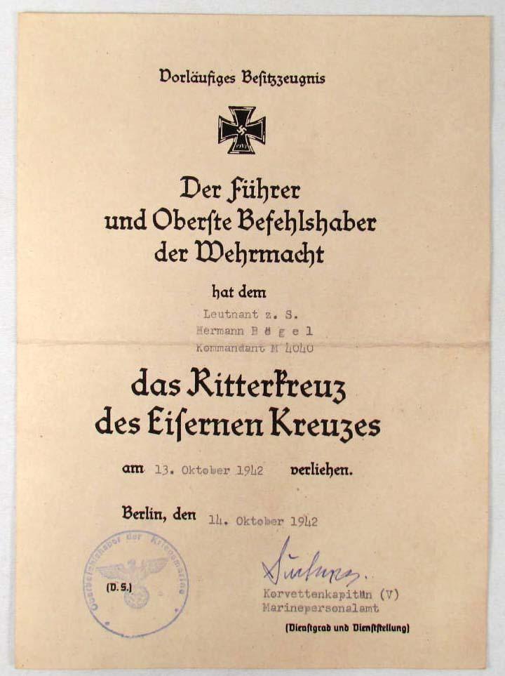RARE GERMAN NAZI KNIGHTS CROSS TO THE IRON CROSS AWARD DOCUMENT
