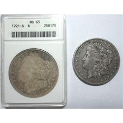 1894O VF and 1921S NGC63 toned Morgan $