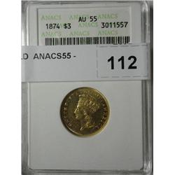 1874 $3 GOLD  ANACS55