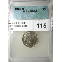1929D Buffalo nickel  ICG64 graded correctly. Rarely seen coin in this grade