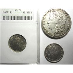 A 3 coin collector lot--1907 nickel ANACS60-1892 quarter XF/AU and an