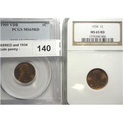 1909VDB PCGS65RED and 1934 NGC65RED Lincoln penny