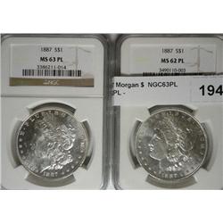 2  1887 Morgan $  NGC63PL and 62PL