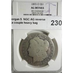 1893O Morgan $  NGC AG reverse damage;a couple heavy bag marks
