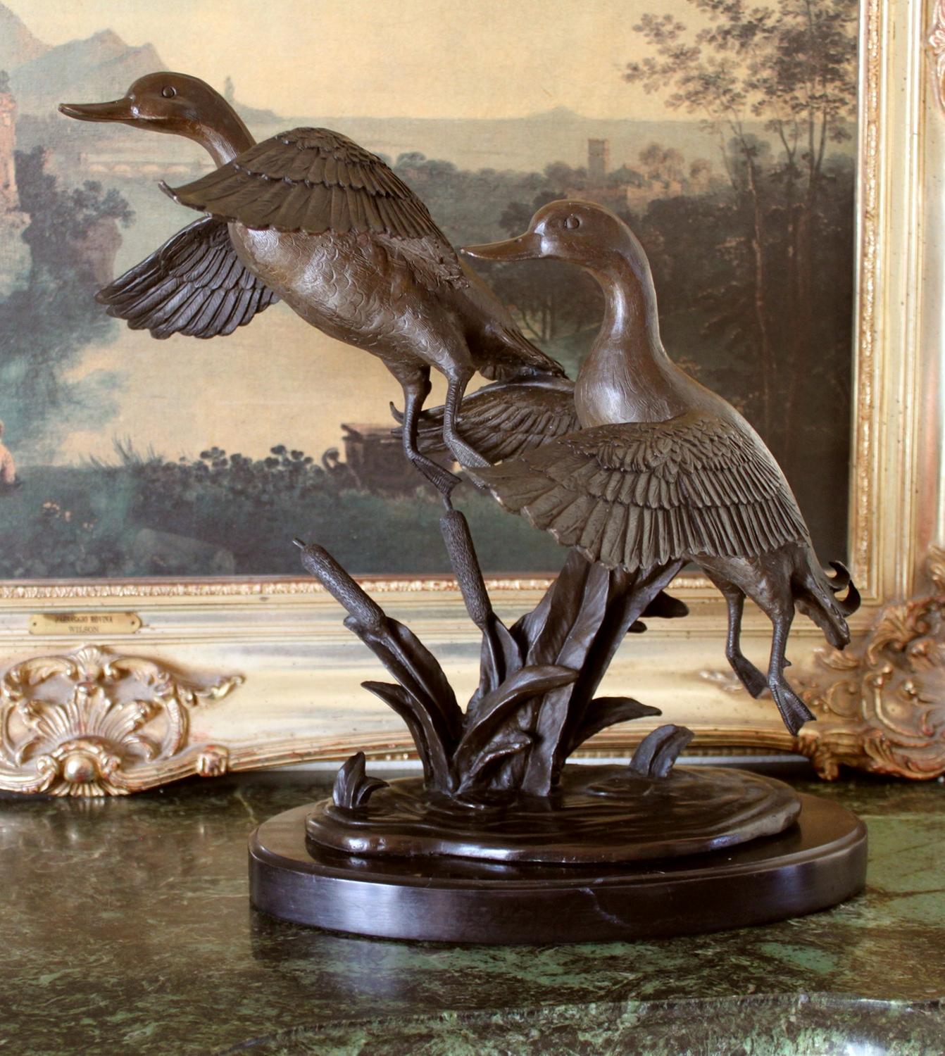 CD011 Remarkable Bronze Sculpture Two Flying Ducks