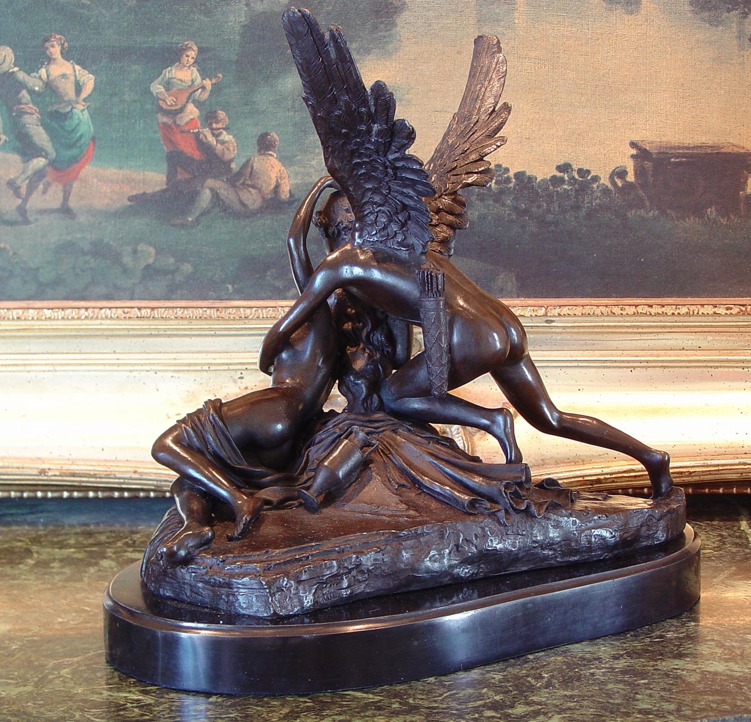 Horloge De Table Cupidon & Psyché – Sculpture Regency Style Empire – 35cm
