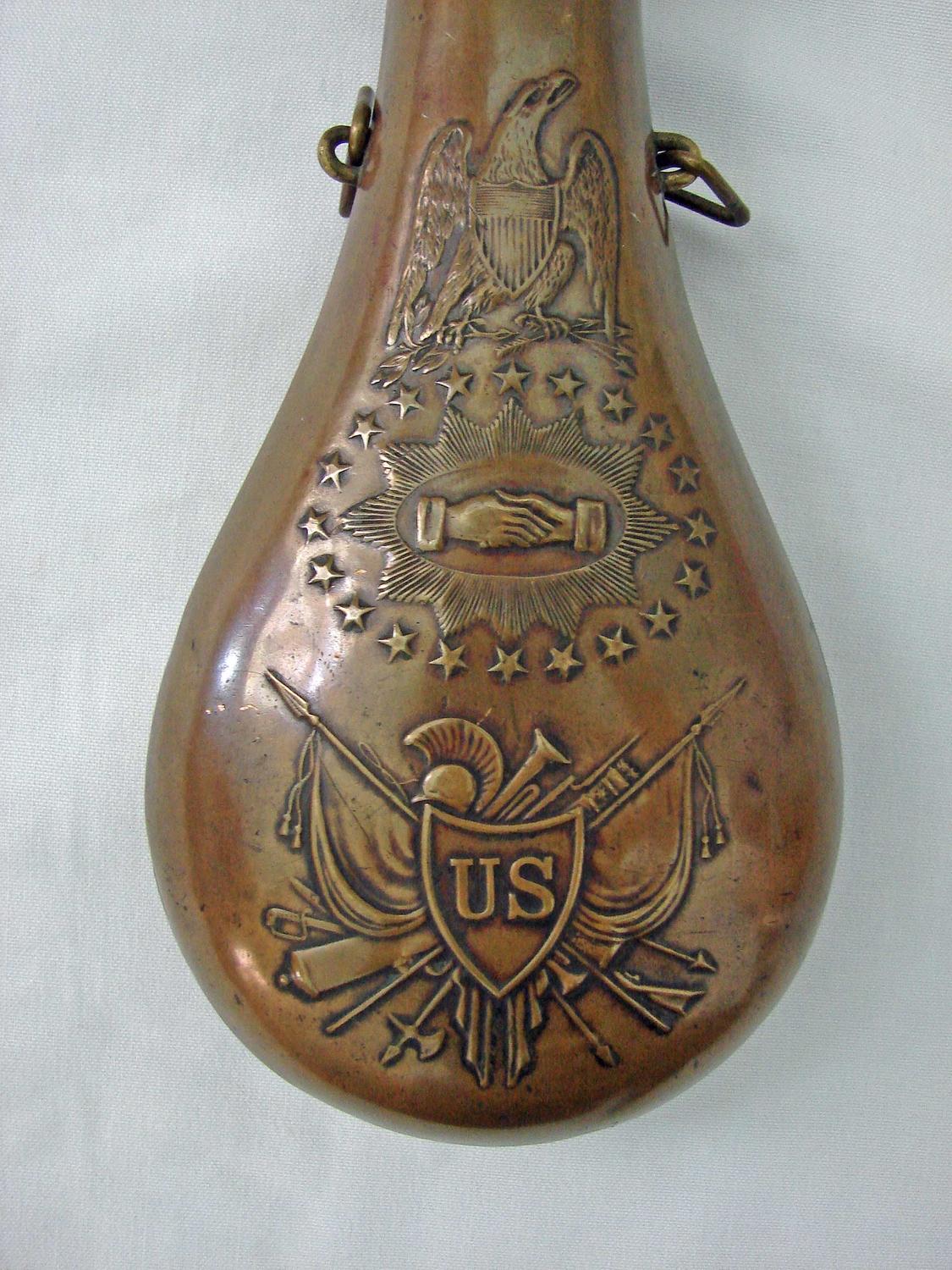 FY62 - Exceptional U.S. 1850 brass ~Peace~ powder flask marked ~BATTY, ADK