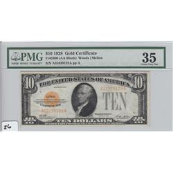 $10 1928 GOLD CERTIFICATE PMG CHOICE VF 35