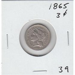 3 CENT PIECE 1865 SOLID MID GRADE