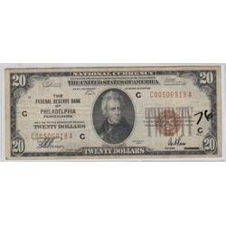$20 FEDERAL RESERVE BANK ***PHILADELPHIA*** 1929