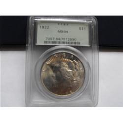 OLD GREEN HOLDER $1 PEACE 1922 MS 64 BLAZING APPEAL