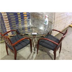GLASS & METAL TABLE WITH 2 CHERRY SIDE CHAIRS