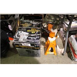 LOT OF JACK STANDS & AIR COMPRESSOR PUMPS