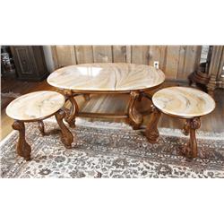 Contemporary French Provincial Coffee Table And two end tables with simulated marble tops with yello