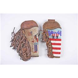 Two American Indian Leather Beaded Holsters One with an American Eagle and stripes; the other with a