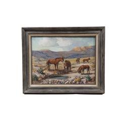 Original Oil on Canvas By noted artist Marco Antonio Gomez depicting burros by a waterway. 23" X19".