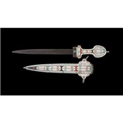 Unique Indian Knife With hand inlaid bone, coral, and obsidian with brass fittings, 23" overall, 14"