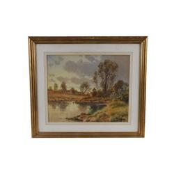 Watercolor on Paper by Howell Wilson Signed lower right hand corner, depicting a lakeside landscape.